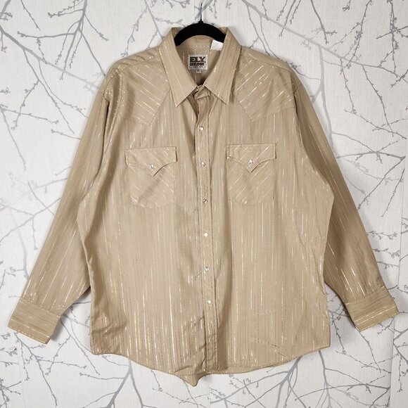 Ely Cattleman Beige Metallic Gold Pinstripe Pearl Snap Western Shirt - Picture 1 of 5